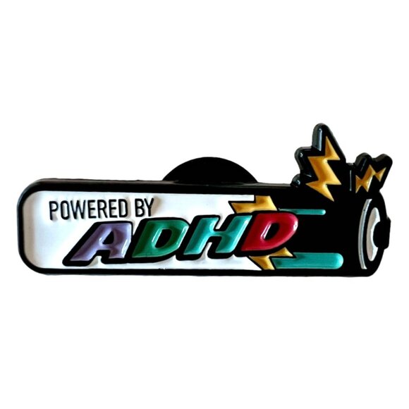 🧷🪫POWERED BY ADHD - Enamel Pin - Battery Shape on Black Backing - Picture 1 of 4